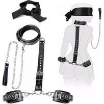 3-in-1 BDSM Bondage Set su reguliuojamomis rankogaliais, apykakle ir akių juosta