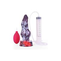 Fantazijos formos silikoninis dildo su purškimo funkcija ir siurbtuku
