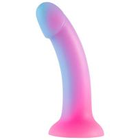 Realistiškas 18 cm silikoninis dildo su stipria prisispaudimo baze ir spalvotu švytėjimu