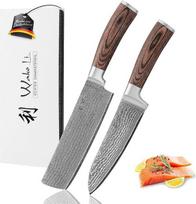 "Wakoli EDIB" 2 dalių damaskinių peilių rinkinys su "Santoku" ir "Nakiri" peiliu - 67 sluoksnių damaskinis plienas su pjovimo šerdimi I aštrių virtuvinių peilių rinkinys su Pakka medine rankena I tiksliam pjaustymui dovanų dėžutėje