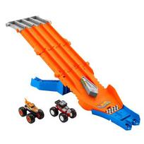 Hot Wheels Monster Trucks Sharks vs. Dinos Racedown Destruction Track Set  AND  2 1:64 Scale Toy Trucks