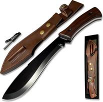 QIXENIO 13,6" medžioklinis, išgyvenimo, stovyklavimo ir alpinistinis peilis su išlenktu ašmeniu, rūdžių apsaugine danga, ebonito rankena ir odiniu dėklu