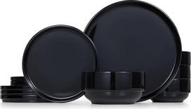 "Kook" keraminių indų rinkinys, 12 dalių, skirtas 4 asmenims, sriubos lėkštės (30 oz), salotų lėkštės (7,5 colio), vakarienės lėkštės (10,5 colio), apvalios, tinkamos naudoti mikrobangų krosnelėje ir plauti indaplovėje, juodos spalvos, "Cambridge