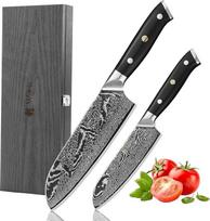 "Wakoli Nitoko" 2 damaskinių peilių rinkinys - profesionalūs "Santoku" virtuviniai peiliai - 67 sluoksnių damaskinis plienas - G10 rankena, ištisinis Erl - medinė dėžutė ir apsauga nuo pirštų