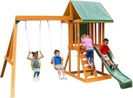 "KidKraft Appleton" lauko medinis laipiojimo rėmas vaikams su čiuožykla, sūpynėmis, laipiojimo sienele ir smėlio dėže, sodo žaislas, lauko žaidimų bokštas sode, F24148E [tik "Amazon"]