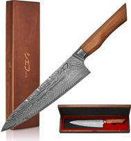 "MEG Gyuto" virėjo peilis 205 mm damaskinis 73 sluoksnių ergonomiška alyvuogių medžio rankena Sertifikuotas profesionaliam naudojimui Akacijų medžio dėžutė Ideali dovana