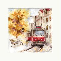 Rudens miestas su tramvajumi – kryželių siuvinėjimo rinkinys, 7x7 cm