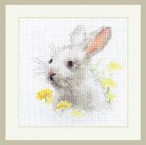 Siuvinėjimo rinkinys „Mielas baltas triušiukas“, kryželiu, linas 14 ct, 9x9 cm