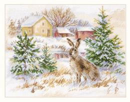 Kryželių siuvinėjimo rinkinys „Žiemos diena: rudas kiškis“, 23×17 cm, Aida 16