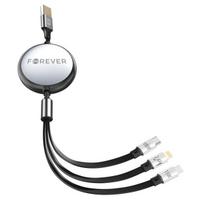 3in1 ištraukiamas kabelis; 1,2 m; USB-A į Lightning + 2× USB-C, 100 W