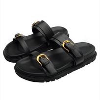 Luxury Brand Designer Platform Slippers for Women Summer High Quality Soft Leather Metal Buckle Slide Sandals Beach Flat Shoes 35 juoda