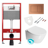 TECEbase klozeto rėmas su matinio vario spalvos vandens nuleidimo plokštele ir GSI Modo pakabinamas klozetas su SWIRLFLUSH® nuplovimo sistema
