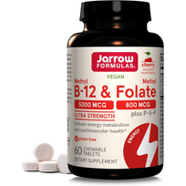 Jarrow Formulas Metilo B-12 5000 mcg ir metilo folatas 800 mcg Vyšnia - 60 kramtomųjų tablečių
