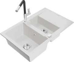 Granitinė virtuvinė plautuvė Mexen Gaspar su maišytuvu ir sifonu, White+Black/Chrome