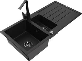 Granitinė virtuvinė plautuvė Mexen Andres su maišytuvu ir sifonu, Black granite+Black