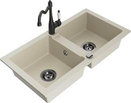Granitinė virtuvinė plautuvė Mexen Mario su maišytuvu ir sifonu, Beige+Black