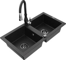 Granitinė virtuvinė plautuvė Mexen Mario su maišytuvu ir sifonu, Metallic black/silver+Black