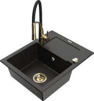 Granitinė virtuvinė plautuvė Mexen Enzo su maišytuvu ir sifonu, Metallic black/silver+Black/Gold