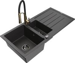 Granitinė virtuvinė plautuvė Mexen Andres su maišytuvu ir sifonu, Black granite+Black/Gold