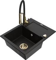 Granitinė virtuvinė plautuvė Mexen Enzo su maišytuvu ir sifonu, Black+Black/Gold