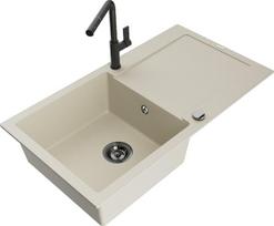 Granitinė virtuvinė plautuvė Mexen Leo su maišytuvu ir sifonu, Beige+Black