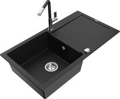 Granitinė virtuvinė plautuvė Mexen Leo su maišytuvu ir sifonu, Black+Black/Chrome