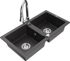 Granitinė virtuvinė plautuvė Mexen Mario su maišytuvu ir sifonu, Black granite+Chrome