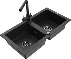 Granitinė virtuvinė plautuvė Mexen Mario su maišytuvu ir sifonu, Metallic black/silver+Black
