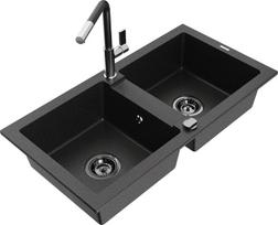 Granitinė virtuvinė plautuvė Mexen Mario su maišytuvu ir sifonu, Metallic black/silver+Black/Chrome