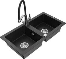 Granitinė virtuvinė plautuvė Mexen Mario su maišytuvu ir sifonu, Metallic black/silver+Black/Chrome