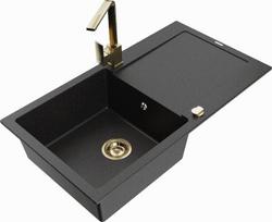 Granitinė virtuvinė plautuvė Mexen Leo su maišytuvu ir sifonu, Metallic black/silver+Gold