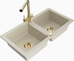 Granitinė virtuvinė plautuvė Mexen Mario su maišytuvu ir sifonu, Beige+Gold