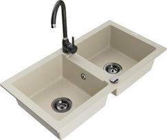 Granitinė virtuvinė plautuvė Mexen Mario su maišytuvu ir sifonu, Beige+Black