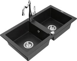 Granitinė virtuvinė plautuvė Mexen Mario su maišytuvu ir sifonu, Metallic black/silver+Chrome