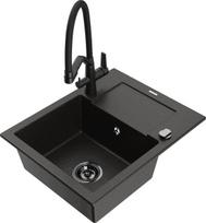 Granitinė virtuvinė plautuvė Mexen Enzo su maišytuvu ir sifonu, Metallic black/gold+Black
