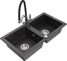 Granitinė virtuvinė plautuvė Mexen Mario su maišytuvu ir sifonu, Black granite+Black/Chrome
