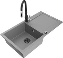 Granitinė virtuvinė plautuvė Mexen Leo su maišytuvu ir sifonu, Grey+Black