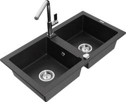 Granitinė virtuvinė plautuvė Mexen Mario su maišytuvu ir sifonu, Metallic black/silver+Chrome