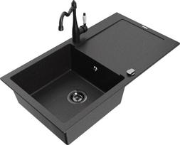 Granitinė virtuvinė plautuvė Mexen Leo su maišytuvu ir sifonu, Metallic black/silver+Black