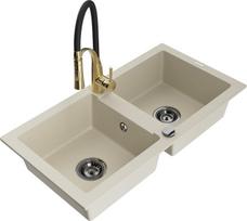 Granitinė virtuvinė plautuvė Mexen Mario su maišytuvu ir sifonu, Beige+Black/Gold
