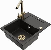 Granitinė virtuvinė plautuvė Mexen Enzo su maišytuvu ir sifonu, Metallic black/gold+Gold