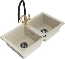 Granitinė virtuvinė plautuvė Mexen Mario su maišytuvu ir sifonu, Beige+Black/Gold