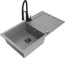 Granitinė virtuvinė plautuvė Mexen Leo su maišytuvu ir sifonu, Grey+Black