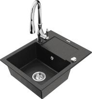 Granitinė virtuvinė plautuvė Mexen Enzo su maišytuvu ir sifonu, Metallic black/silver+Chrome