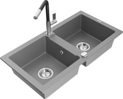 Granitinė virtuvinė plautuvė Mexen Mario su maišytuvu ir sifonu, Grey+Black/Chrome