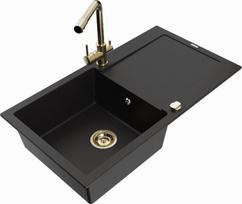 Granitinė virtuvinė plautuvė Mexen Leo su maišytuvu ir sifonu, Black+Gold