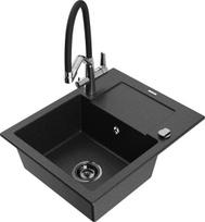 Granitinė virtuvinė plautuvė Mexen Enzo su maišytuvu ir sifonu, Metallic black/silver+Black/Chrome