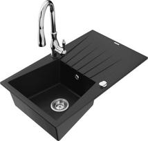 Granitinė virtuvinė plautuvė Mexen Cesar su maišytuvu ir sifonu, Black+Chrome