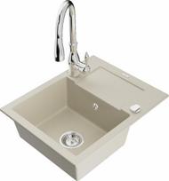 Granitinė virtuvinė plautuvė Mexen Enzo su maišytuvu ir sifonu, Beige+Chrome