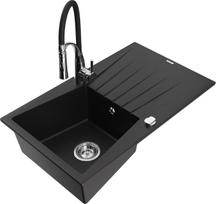 Granitinė virtuvinė plautuvė Mexen Cesar su maišytuvu ir sifonu, Black+Black/Chrome